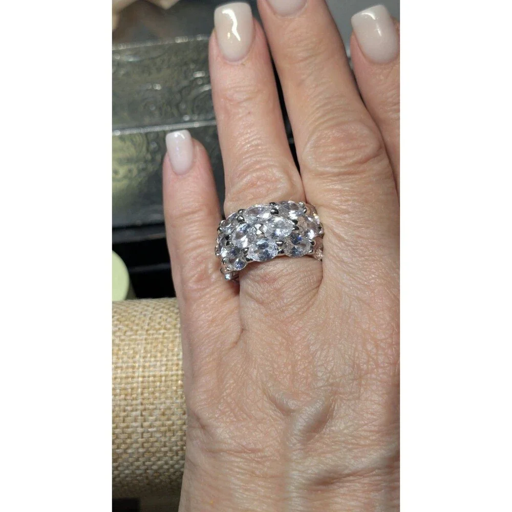 Vtg 3-Row Oval Crystal Band Ring 14mm Statement Dazzler Size 6.5 Silver Prongs